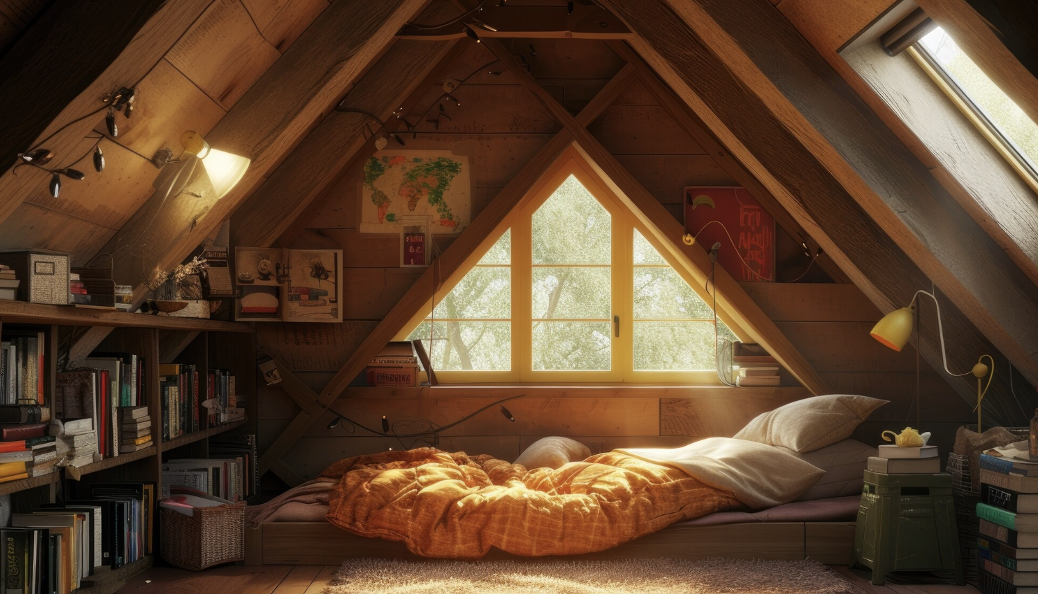 Chambre cosy aménagée sous les combles avec poutres apparentes, lit bas sous une fenêtre triangulaire, bibliothèque remplie de livres, et lumière naturelle douce filtrée par les arbres extérieurs.