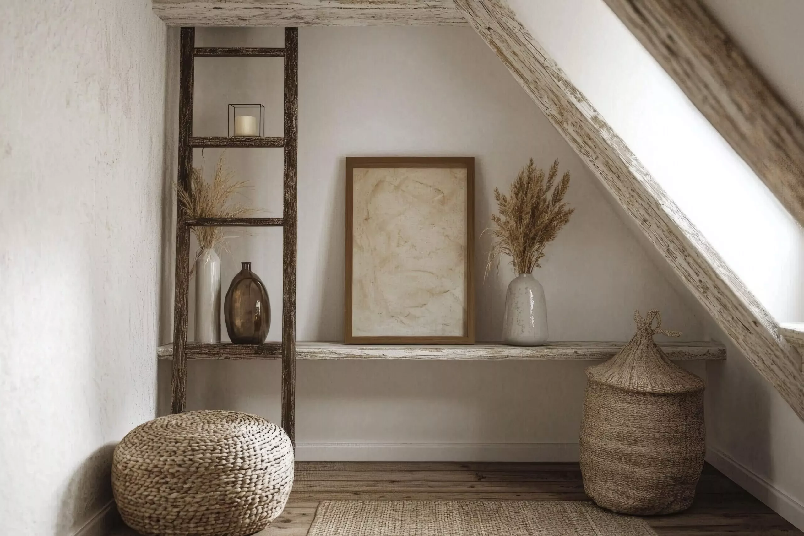 Coin intérieur décoré dans un style scandinave et rustique, avec un cadre en bois vide posé sur une étagère, des vases en céramique et en verre contenant des herbes séchées, un panier en osier et un pouf tressé.